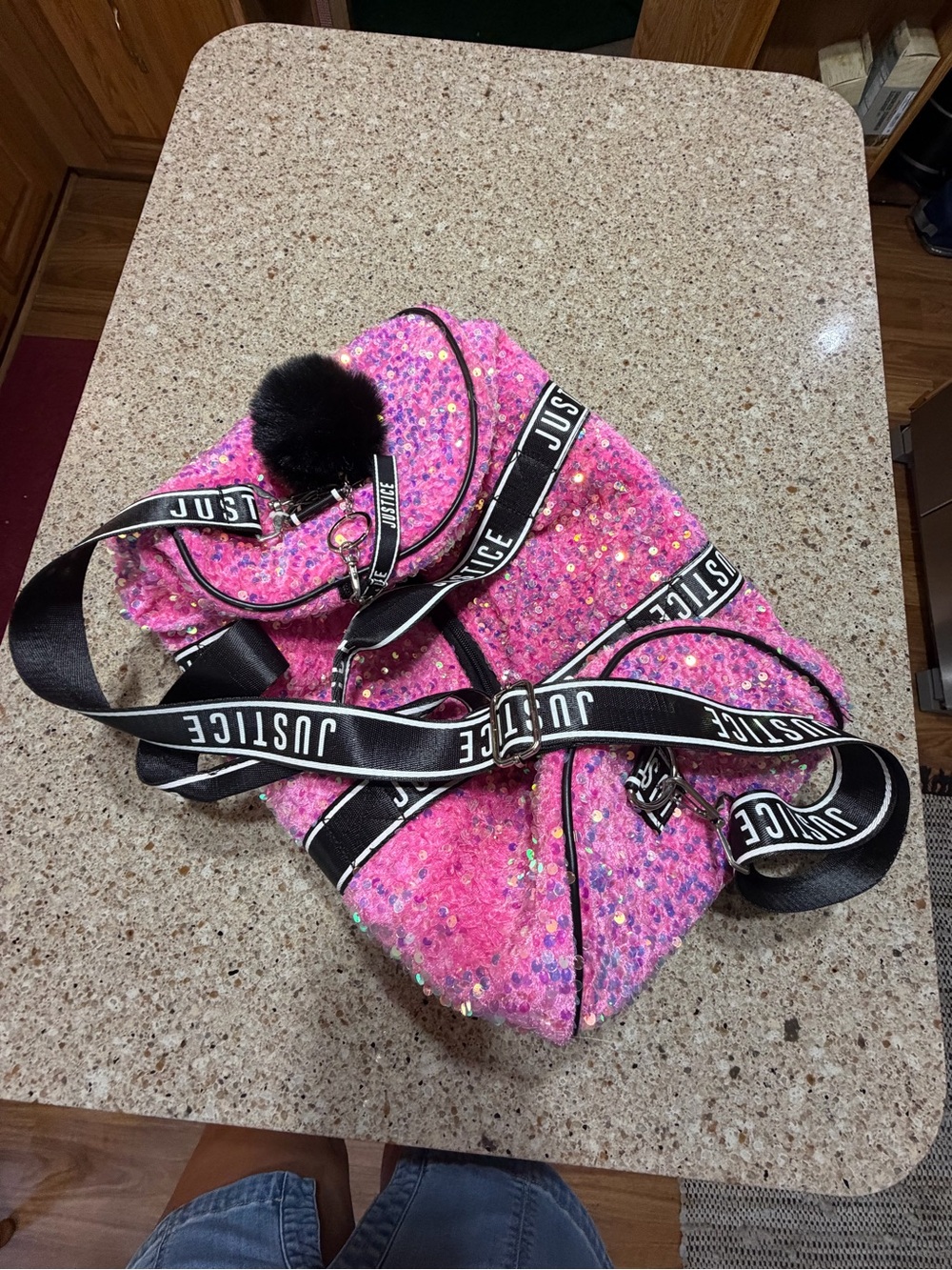 Justice Pink Sequin Kids Crossbody Bag with Black Branded Strap and Pom